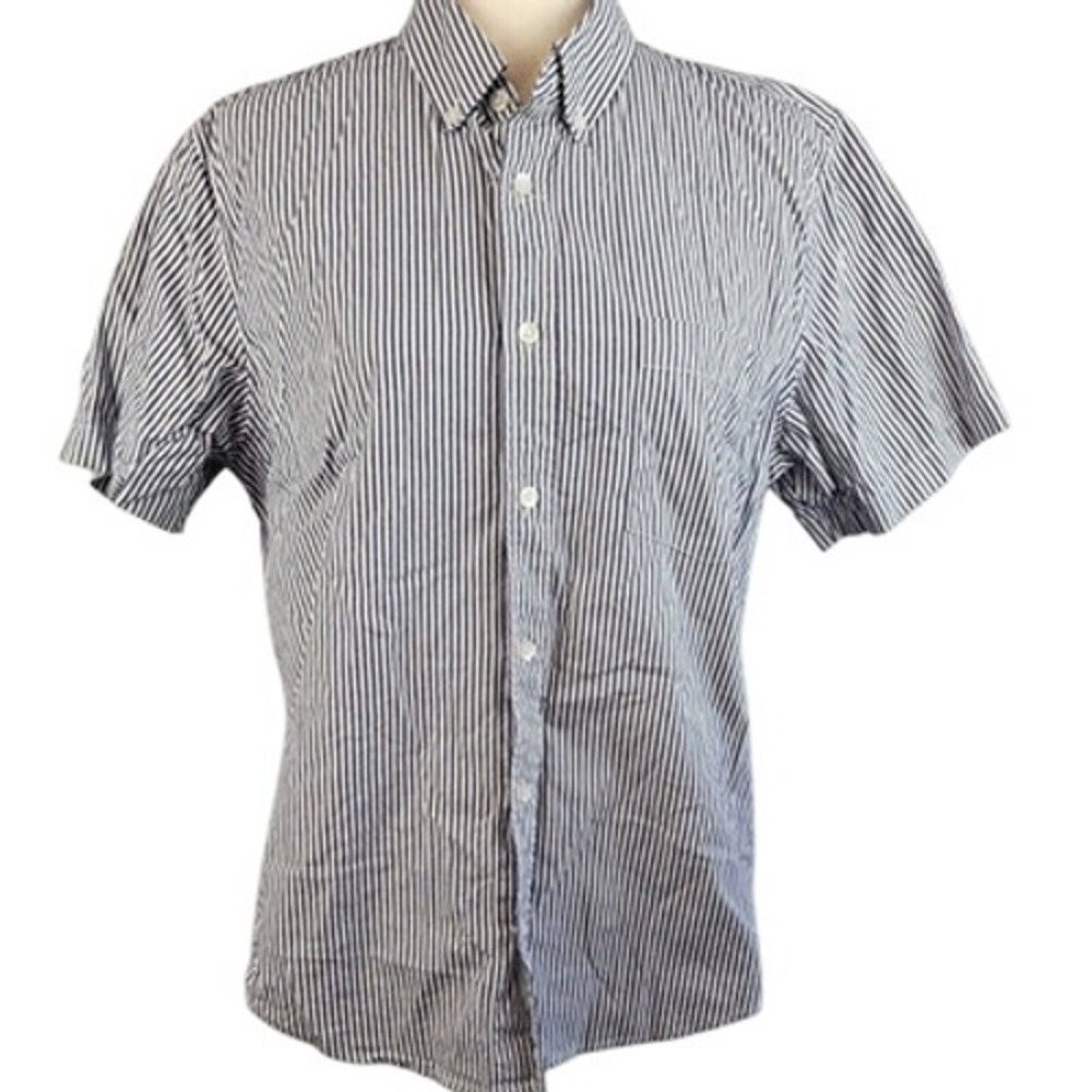 Everlane Slim Fit Performance Air Oxford Short Sleeve Shirt L Large Blue Stripe